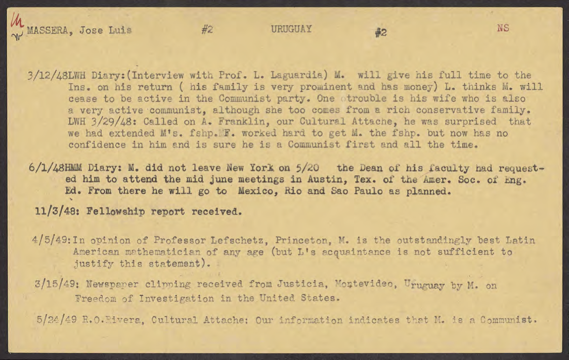 Card on Massera’s fellowship, card #2 front