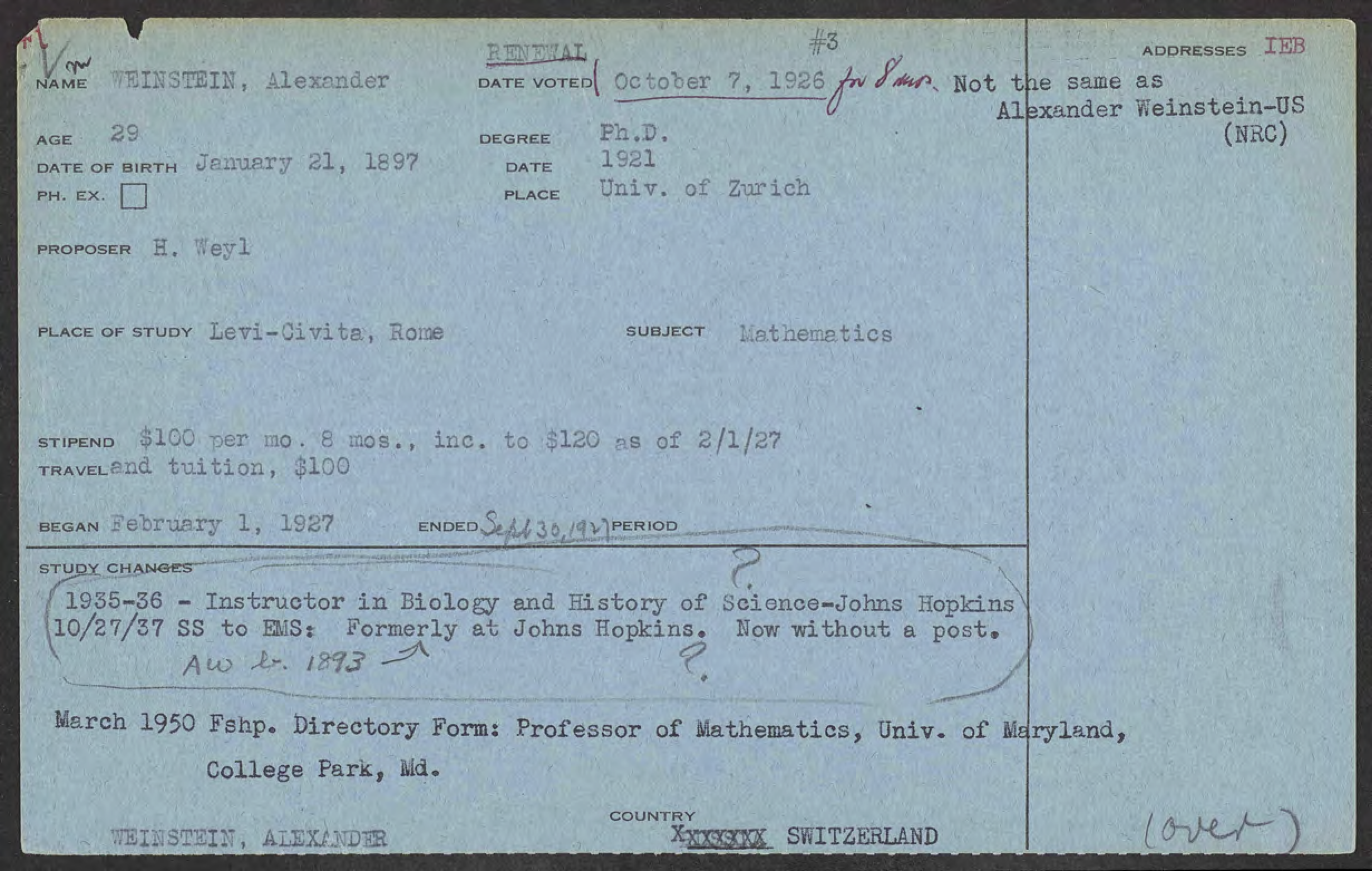 A later card for Alexander Weinstein’s records
